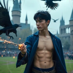 Explore AI-generated House Ravenclaw art handsome shirtless wizards from the raven house of Hogwarts summoning massive protective ravens. Fantasy wizard school digital art.