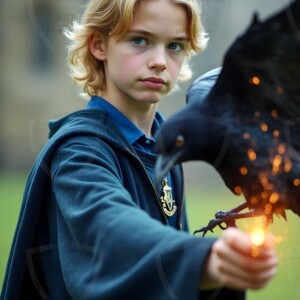 Explore AI-generated House Ravenclaw art handsome shirtless wizards from the raven house of Hogwarts summoning massive protective ravens. Fantasy wizard school digital art.