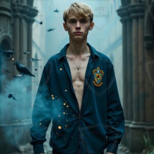Explore AI-generated House Ravenclaw art handsome shirtless wizards from the raven house of Hogwarts summoning massive protective ravens. Fantasy wizard school digital art.