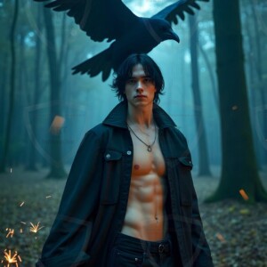 Explore AI-generated House Ravenclaw art handsome shirtless wizards from the raven house of Hogwarts summoning massive protective ravens. Fantasy wizard school digital art.