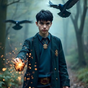 Explore AI-generated House Ravenclaw art handsome shirtless wizards from the raven house of Hogwarts summoning massive protective ravens. Fantasy wizard school digital art.