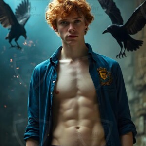 Explore AI-generated House Ravenclaw art handsome shirtless wizards from the raven house of Hogwarts summoning massive protective ravens. Fantasy wizard school digital art.