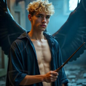 Explore AI-generated House Ravenclaw art handsome shirtless wizards from the raven house of Hogwarts summoning massive protective ravens. Fantasy wizard school digital art.