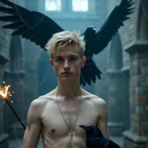 Explore AI-generated House Ravenclaw art handsome shirtless wizards from the raven house of Hogwarts summoning massive protective ravens. Fantasy wizard school digital art.