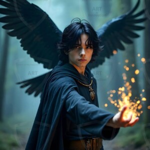 Explore AI-generated House Ravenclaw art handsome shirtless wizards from the raven house of Hogwarts summoning massive protective ravens. Fantasy wizard school digital art.