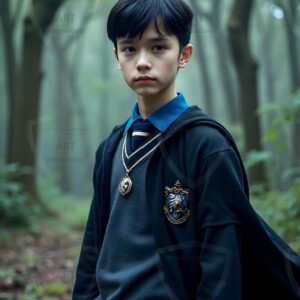 Explore AI-generated House Ravenclaw art handsome shirtless wizards from the raven house of Hogwarts summoning massive protective ravens. Fantasy wizard school digital art.