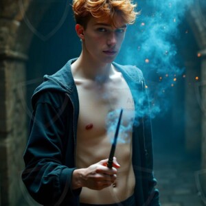 Explore AI-generated House Ravenclaw art handsome shirtless wizards from the raven house of Hogwarts summoning massive protective ravens. Fantasy wizard school digital art.