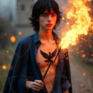 Explore AI-generated House Ravenclaw art handsome shirtless wizards from the raven house of Hogwarts summoning massive protective ravens. Fantasy wizard school digital art.