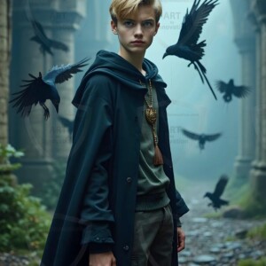 Explore AI-generated House Ravenclaw art handsome shirtless wizards from the raven house of Hogwarts summoning massive protective ravens. Fantasy wizard school digital art.