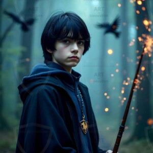 Explore AI-generated House Ravenclaw art handsome shirtless wizards from the raven house of Hogwarts summoning massive protective ravens. Fantasy wizard school digital art.