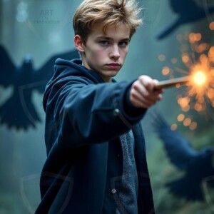 Explore AI-generated House Ravenclaw art handsome shirtless wizards from the raven house of Hogwarts summoning massive protective ravens. Fantasy wizard school digital art.