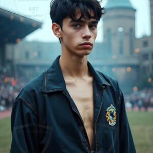 Explore AI-generated House Ravenclaw art — handsome shirtless wizards from the raven house of Hogwarts summoning massive protective ravens. Fantasy wizard school digital art.