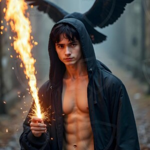 Explore AI-generated House Ravenclaw art handsome shirtless wizards from the raven house of Hogwarts summoning massive protective ravens. Fantasy wizard school digital art.