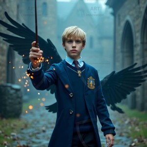Explore AI-generated House Ravenclaw art handsome shirtless wizards from the raven house of Hogwarts summoning massive protective ravens. Fantasy wizard school digital art.