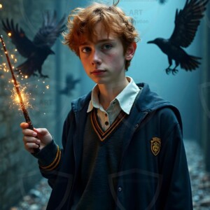 Explore AI-generated House Ravenclaw art handsome shirtless wizards from the raven house of Hogwarts summoning massive protective ravens. Fantasy wizard school digital art.