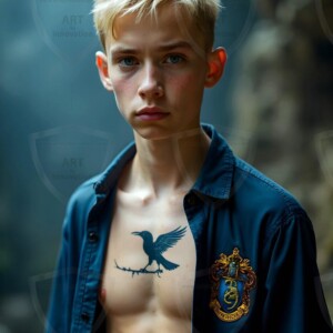 Explore AI-generated House Ravenclaw art handsome shirtless wizards from the raven house of Hogwarts summoning massive protective ravens. Fantasy wizard school digital art.