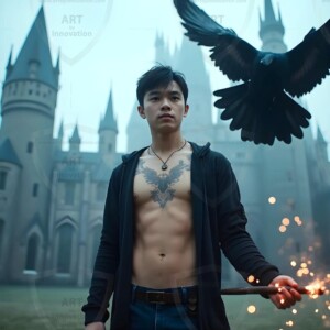 Explore AI-generated House Ravenclaw art handsome shirtless wizards from the raven house of Hogwarts summoning massive protective ravens. Fantasy wizard school digital art.