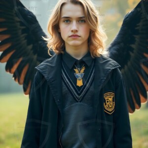 Explore AI-generated House Ravenclaw art handsome shirtless wizards from the raven house of Hogwarts summoning massive protective ravens. Fantasy wizard school digital art.