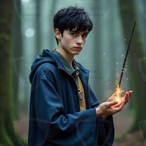 Explore AI-generated House Ravenclaw art handsome shirtless wizards from the raven house of Hogwarts summoning massive protective ravens. Fantasy wizard school digital art.