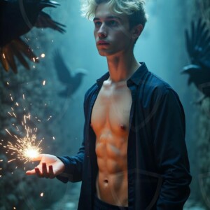 Explore AI-generated House Ravenclaw art handsome shirtless wizards from the raven house of Hogwarts summoning massive protective ravens. Fantasy wizard school digital art.