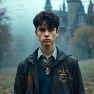 Explore AI-generated House Ravenclaw art handsome shirtless wizards from the raven house of Hogwarts summoning massive protective ravens. Fantasy wizard school digital art.