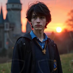 Explore AI-generated House Ravenclaw art handsome shirtless wizards from the raven house of Hogwarts summoning massive protective ravens. Fantasy wizard school digital art.
