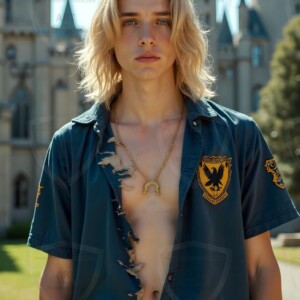 Explore AI-generated House Ravenclaw art handsome shirtless wizards from the raven house of Hogwarts summoning massive protective ravens. Fantasy wizard school digital art.