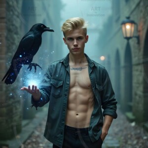 Explore AI-generated House Ravenclaw art handsome shirtless wizards from the raven house of Hogwarts summoning massive protective ravens. Fantasy wizard school digital art.