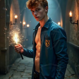 Explore AI-generated House Ravenclaw art handsome shirtless wizards from the raven house of Hogwarts summoning massive protective ravens. Fantasy wizard school digital art.