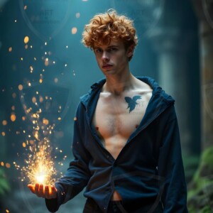 Explore AI-generated House Ravenclaw art handsome shirtless wizards from the raven house of Hogwarts summoning massive protective ravens. Fantasy wizard school digital art.