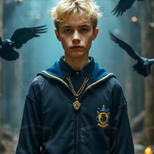 Explore AI-generated House Ravenclaw art handsome shirtless wizards from the raven house of Hogwarts summoning massive protective ravens. Fantasy wizard school digital art.
