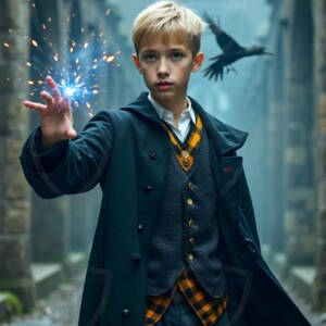 Explore AI-generated House Ravenclaw art handsome shirtless wizards from the raven house of Hogwarts summoning massive protective ravens. Fantasy wizard school digital art.