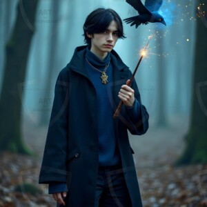Explore AI-generated House Ravenclaw art handsome shirtless wizards from the raven house of Hogwarts summoning massive protective ravens. Fantasy wizard school digital art.