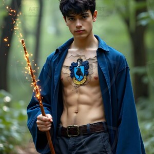 Explore AI-generated House Ravenclaw art handsome shirtless wizards from the raven house of Hogwarts summoning massive protective ravens. Fantasy wizard school digital art.