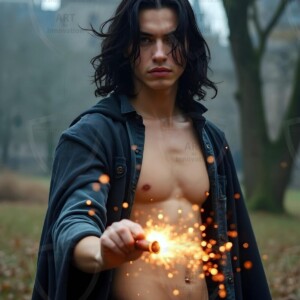 Explore AI-generated House Ravenclaw art handsome shirtless wizards from the raven house of Hogwarts summoning massive protective ravens. Fantasy wizard school digital art.