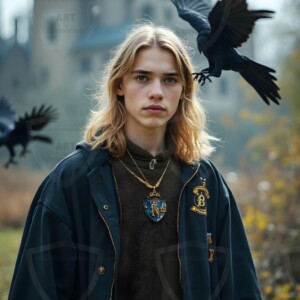 Explore AI-generated House Ravenclaw art handsome shirtless wizards from the raven house of Hogwarts summoning massive protective ravens. Fantasy wizard school digital art.