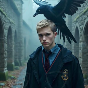 Explore AI-generated House Ravenclaw art handsome shirtless wizards from the raven house of Hogwarts summoning massive protective ravens. Fantasy wizard school digital art.