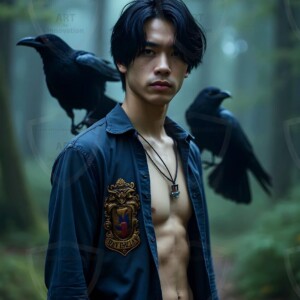 Explore AI-generated House Ravenclaw art handsome shirtless wizards from the raven house of Hogwarts summoning massive protective ravens. Fantasy wizard school digital art.