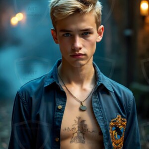 Explore AI-generated House Ravenclaw art handsome shirtless wizards from the raven house of Hogwarts summoning massive protective ravens. Fantasy wizard school digital art.