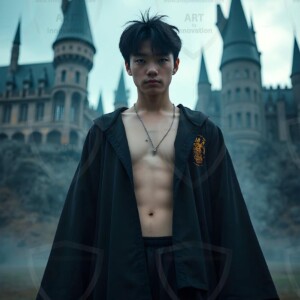 Explore AI-generated House Ravenclaw art handsome shirtless wizards from the raven house of Hogwarts summoning massive protective ravens. Fantasy wizard school digital art.