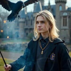 Explore AI-generated House Ravenclaw art handsome shirtless wizards from the raven house of Hogwarts summoning massive protective ravens. Fantasy wizard school digital art.