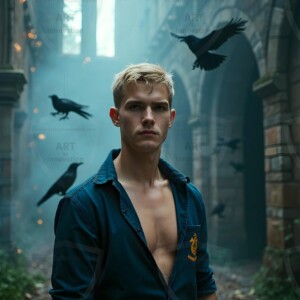 Explore AI-generated House Ravenclaw art handsome shirtless wizards from the raven house of Hogwarts summoning massive protective ravens. Fantasy wizard school digital art.