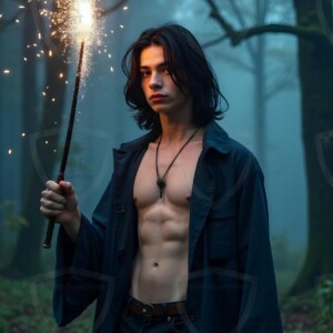 Explore AI-generated House Ravenclaw art handsome shirtless wizards from the raven house of Hogwarts summoning massive protective ravens. Fantasy wizard school digital art.