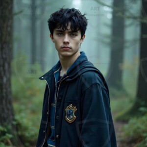 Explore AI-generated House Ravenclaw art handsome shirtless wizards from the raven house of Hogwarts summoning massive protective ravens. Fantasy wizard school digital art.