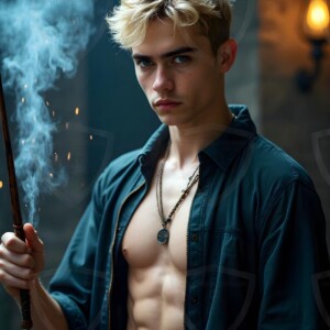 Explore AI-generated House Ravenclaw art handsome shirtless wizards from the raven house of Hogwarts summoning massive protective ravens. Fantasy wizard school digital art.