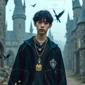 Explore AI-generated House Ravenclaw art handsome shirtless wizards from the raven house of Hogwarts summoning massive protective ravens. Fantasy wizard school digital art.