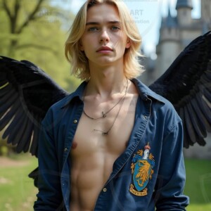 Explore AI-generated House Ravenclaw art handsome shirtless wizards from the raven house of Hogwarts summoning massive protective ravens. Fantasy wizard school digital art.