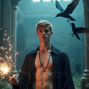 Explore AI-generated House Ravenclaw art handsome shirtless wizards from the raven house of Hogwarts summoning massive protective ravens. Fantasy wizard school digital art.