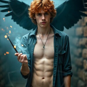 Explore AI-generated House Ravenclaw art handsome shirtless wizards from the raven house of Hogwarts summoning massive protective ravens. Fantasy wizard school digital art.