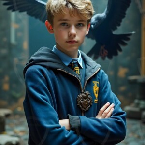 Explore AI-generated House Ravenclaw art handsome shirtless wizards from the raven house of Hogwarts summoning massive protective ravens. Fantasy wizard school digital art.